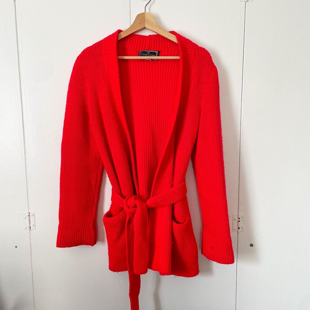 Vintage Gold Crown by Le Roy Wool Heavy Knit Cardigan Red Orange, Sz Small